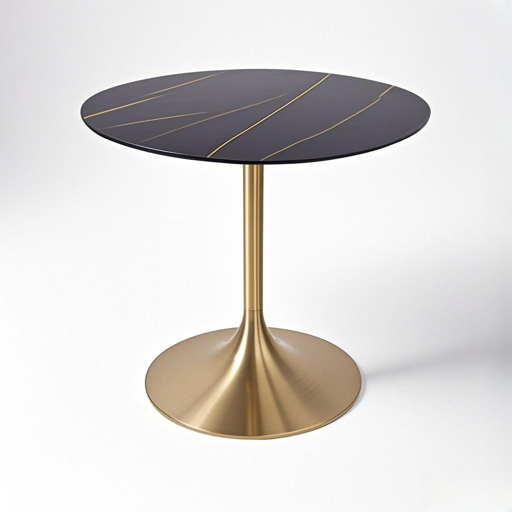 black round coffee table with gold Trumpet stainless table base from Joycin China hospitality table manufacturer