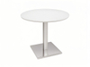white round table with silver stainless steel table base square