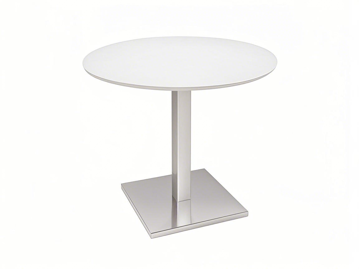 white round table with silver stainless steel table base square