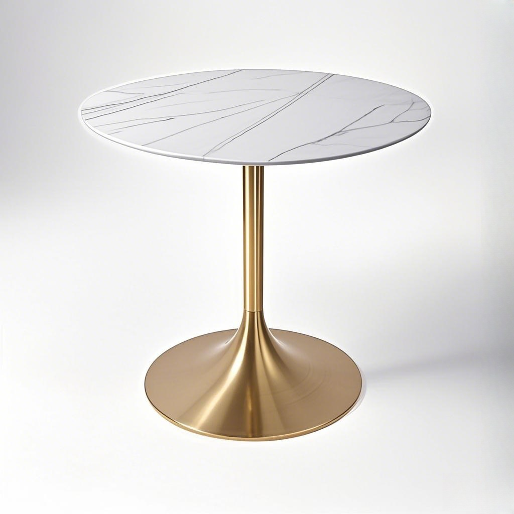 white round cafe restaurant table golden Trumpet stainless table base from Joycin China hospitality table manufacturer