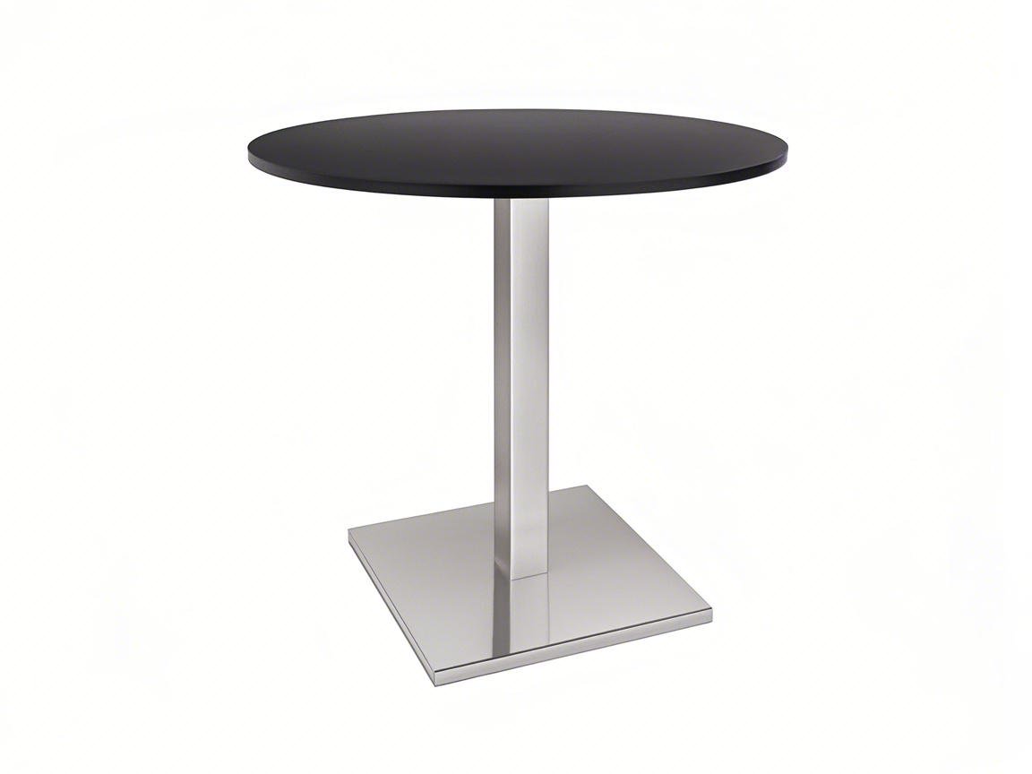 black round table with silver stainless steel table base square